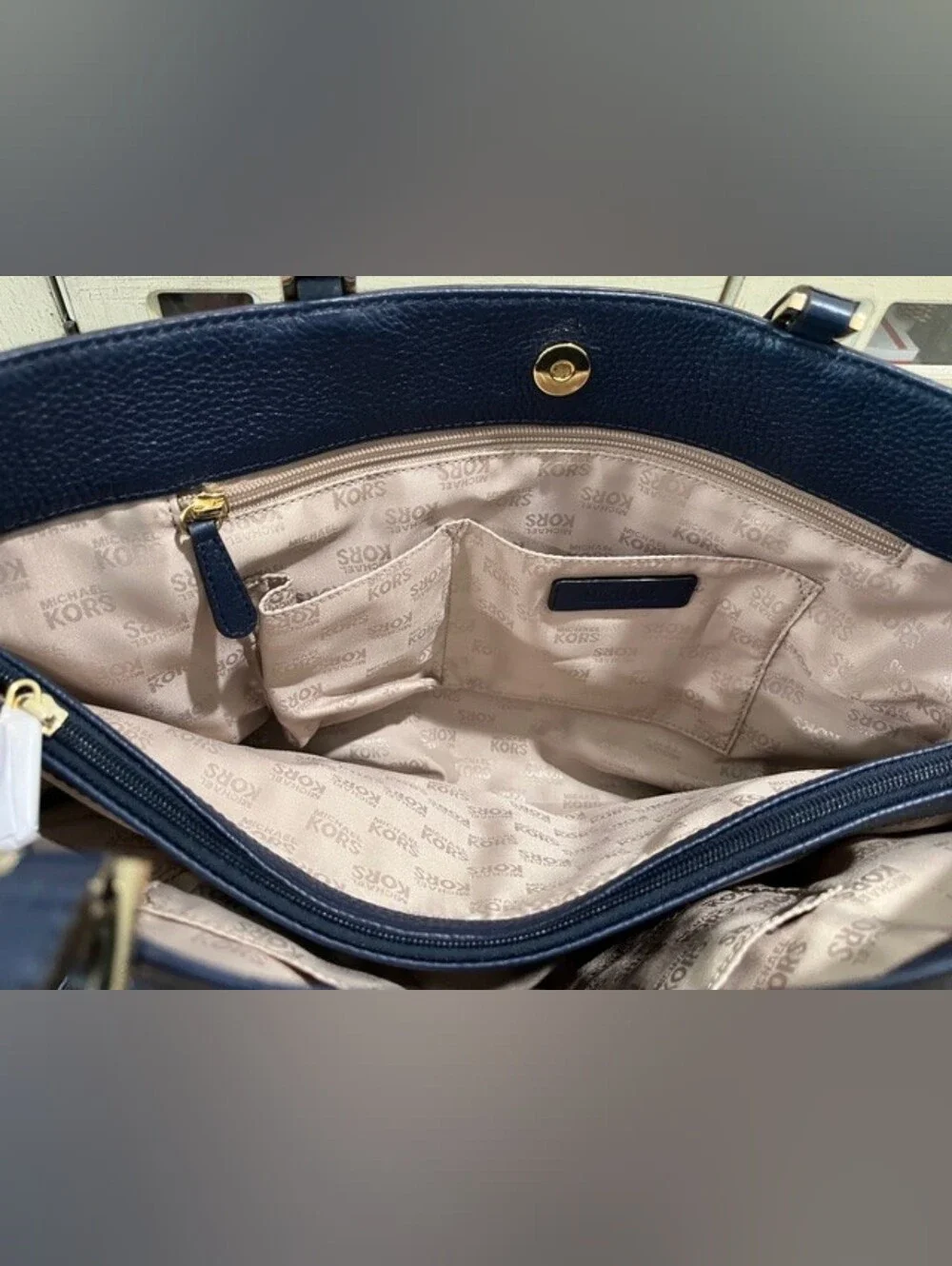 Michael Kors Navy Pebbled Leather Large Harper Tote W/Goldtone Trim New With Tag